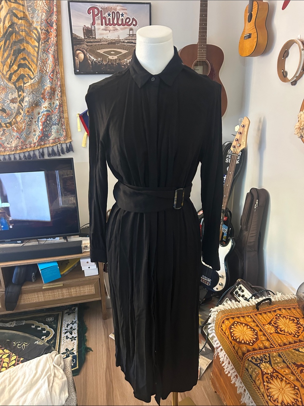 H&M Classic Black Button Up Long-Sleeve Belted Dress